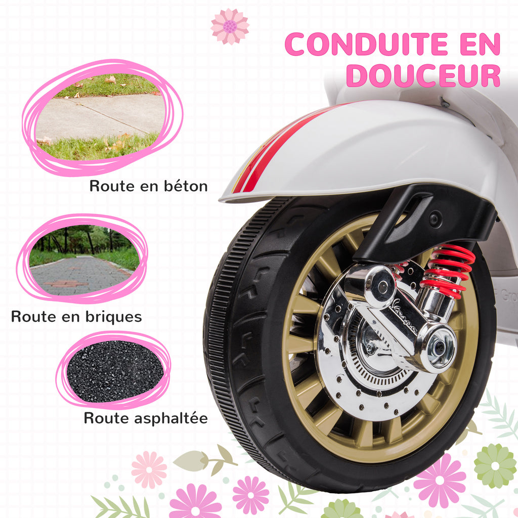 Scooter électrique enfant Vespa 6 V dim. 107L x 47l x 73H cm Musique MP3 Port USB Phare 2 roues d'entraînement - Blanc-6
