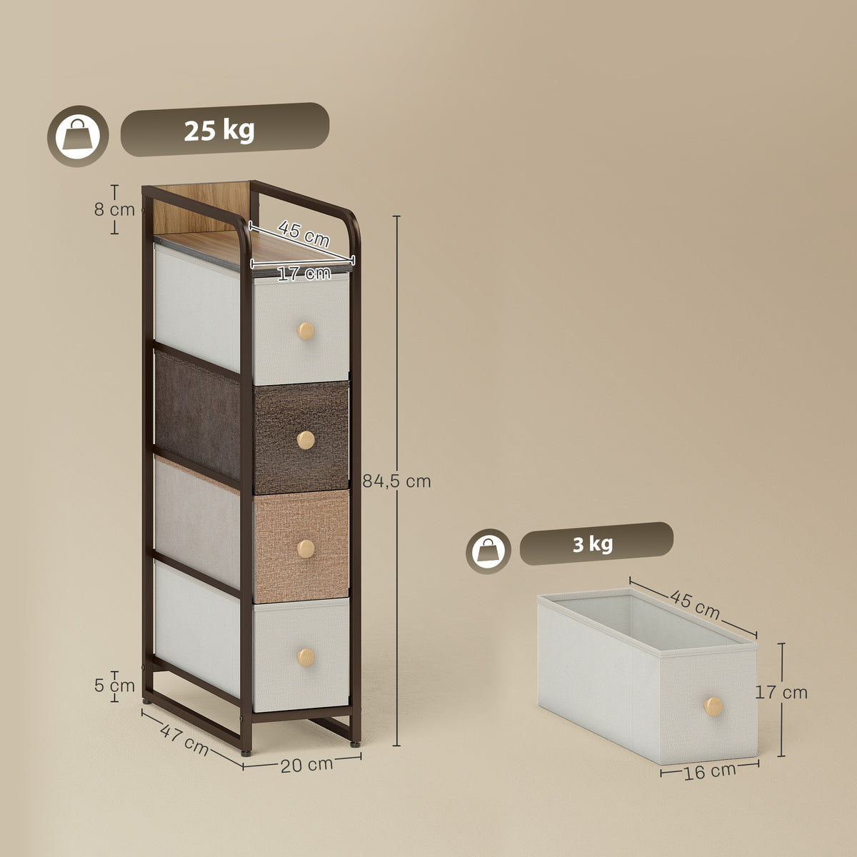 Commode avec 4 tiroirs en tissu pliables, commode chambre plateau et cadre en acier, 20 x 47 x 84,5 cm, multicolore-2