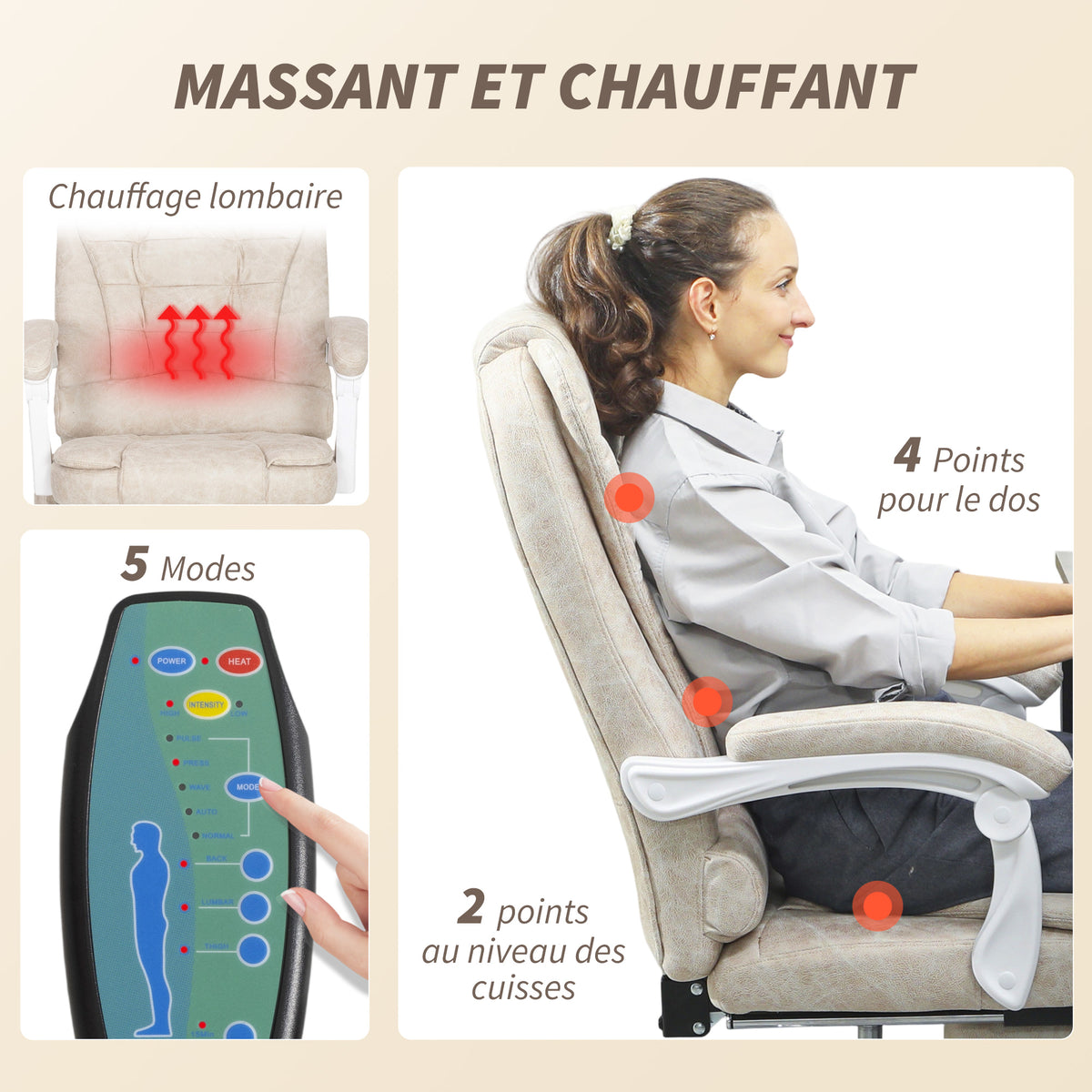 Fauteuil de bureau massant et chauffant, chaise de bureau, hauteur réglable, dossier inclinable, 65x70x111-119cm, crème-3
