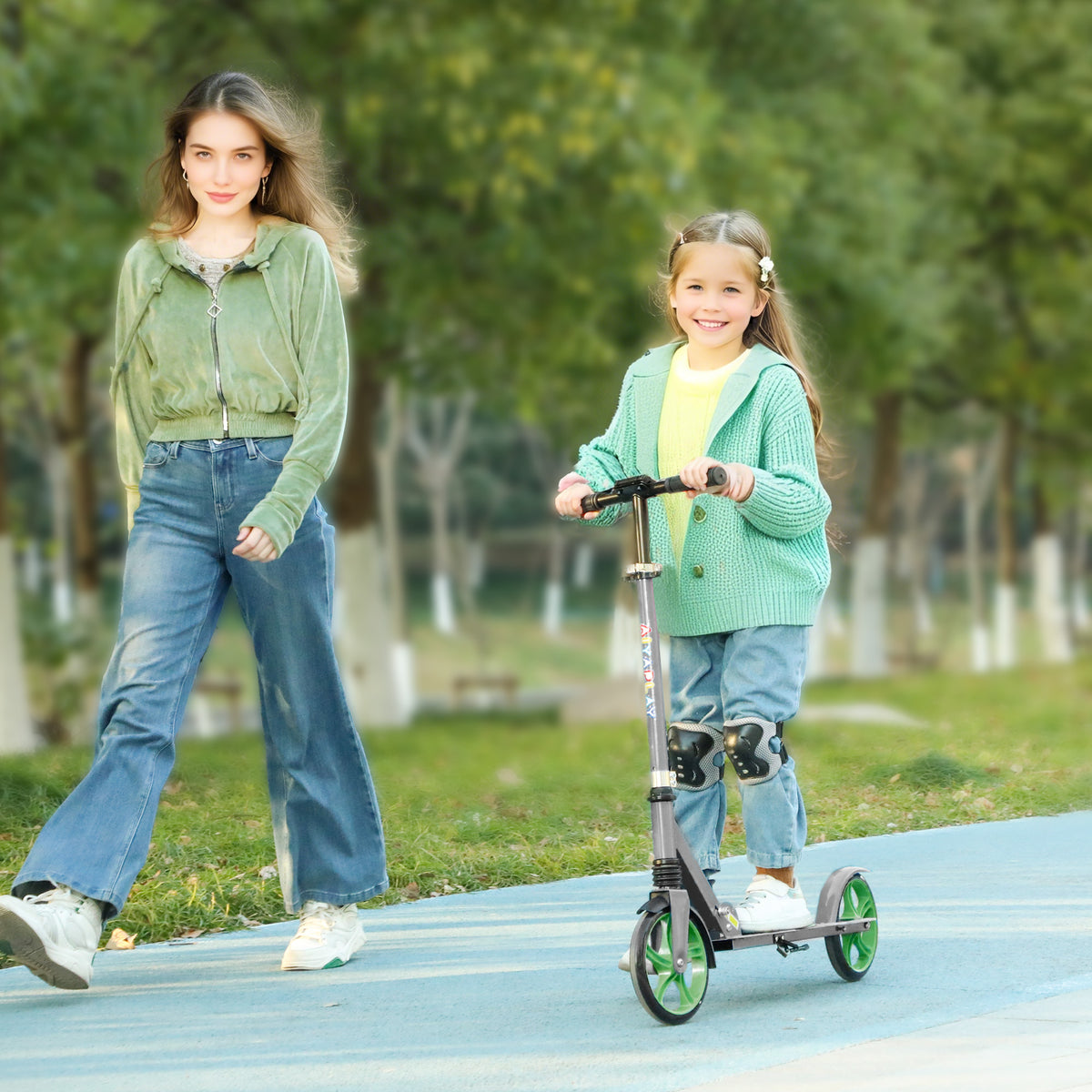 Trottinette enfants 6 à 12 ans, trottinette pliable à 2 roues, hauteur réglage, pour filles et garçons, scooter vert-1