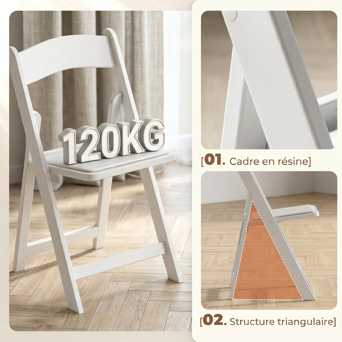 Lot de 4 chaises pliantes en résine et PU, chaises pliantes portables pour intérieur et extérieur, 45x44x78cm, blanc-3