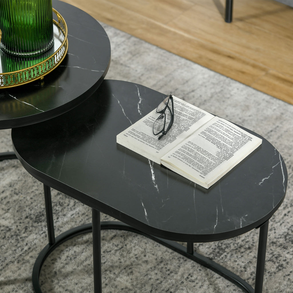 Lot de 2 tables basses tables d'appoint gigognes en acier et plateau MDF aspect marbre - table ronde et ovale - noir-8