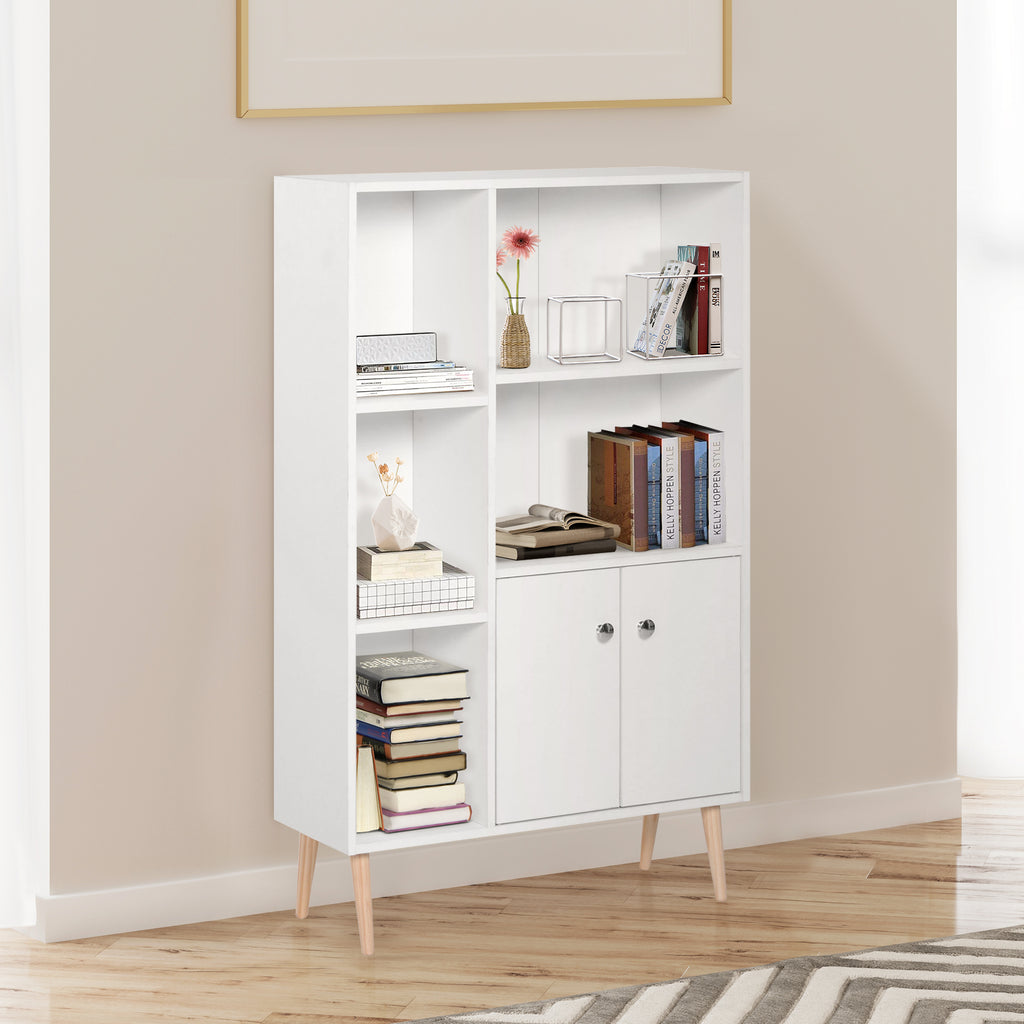 Bibliothèque scandinave meuble de rangement dim. 80L x 23,5l x 123H cm 5 niches placard 2 portes pieds effilés inclinés bois massif panneaux particules blanc-9