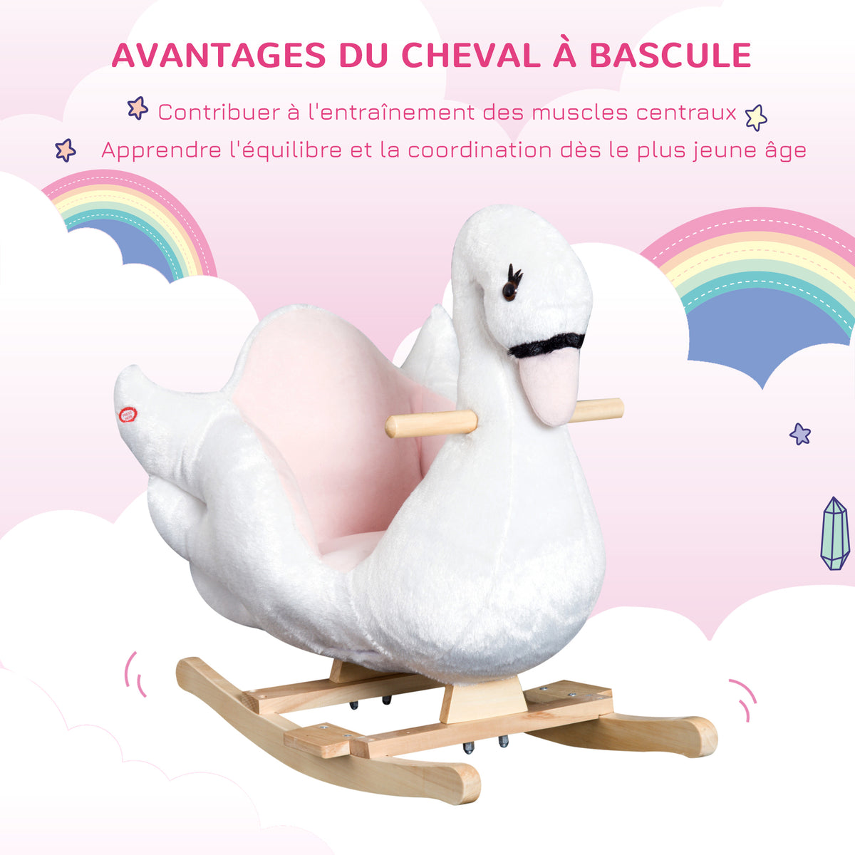 Jouet à bascule cygne à bascule pour enfant de 18 mois et plus fonction musique pieds en bois - blanc et rose-4