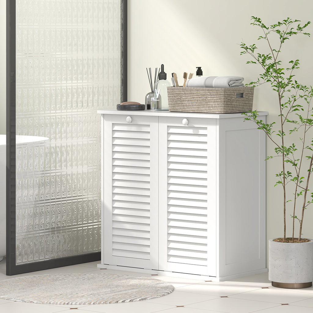 Meuble salle de bain avec panier à linge armoire salle de bain en bois portes persiennes 2 paniers 70 x 38 x 73 cm blanc-9