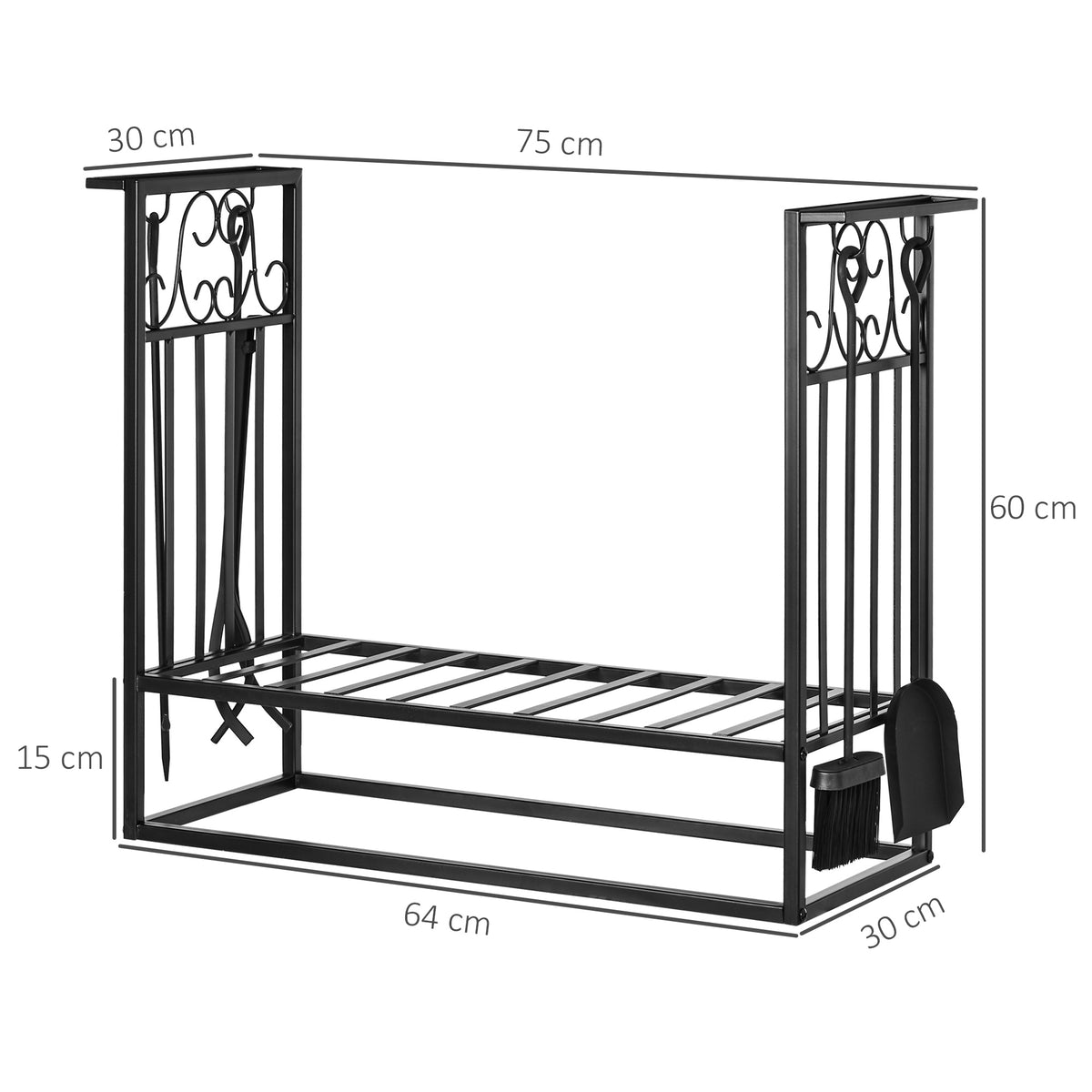 Porte-bûches range bûches étagère à bois de cheminée serviteur de cheminée multi-accessoires dim. 75L x 30l x 60H cm acier noir-2