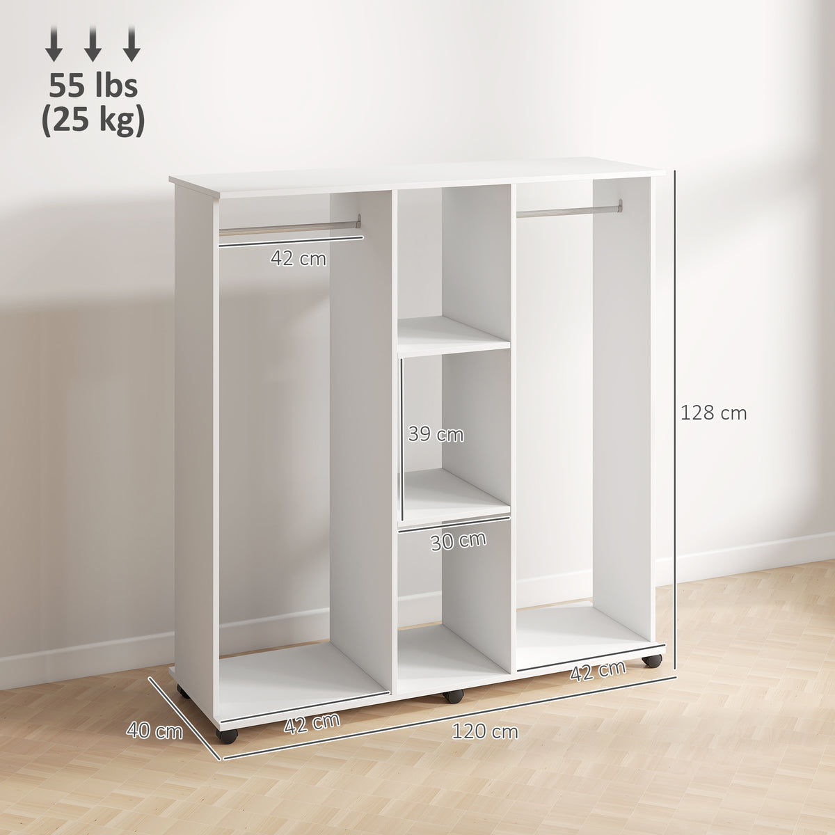 Armoire penderie meuble de rangement mobile 6 roulettes 120 x 40 x 128 cm en bois blanc-2