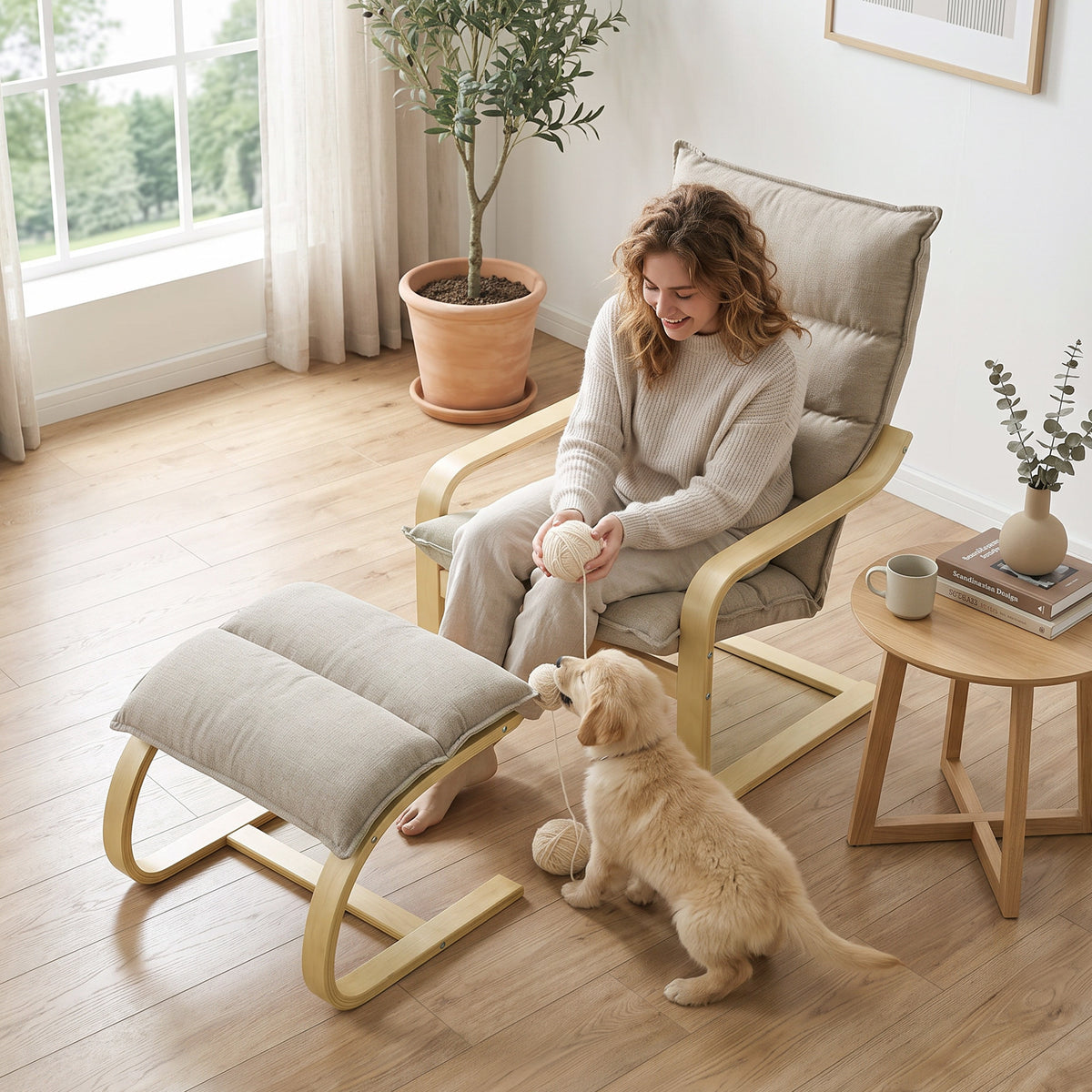 Fauteuil de Salon avec Repose-Pied, Fauteuil d'Appoint en Lin, Assise Large, Dossier Haut, Bascule Douce, Beige-7