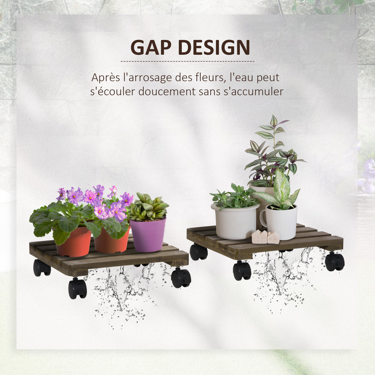 Lot de 2 supports pour plantes carrés porte plante à roulettes support pour pot de fleurs, pour intérieur et extérieur-4