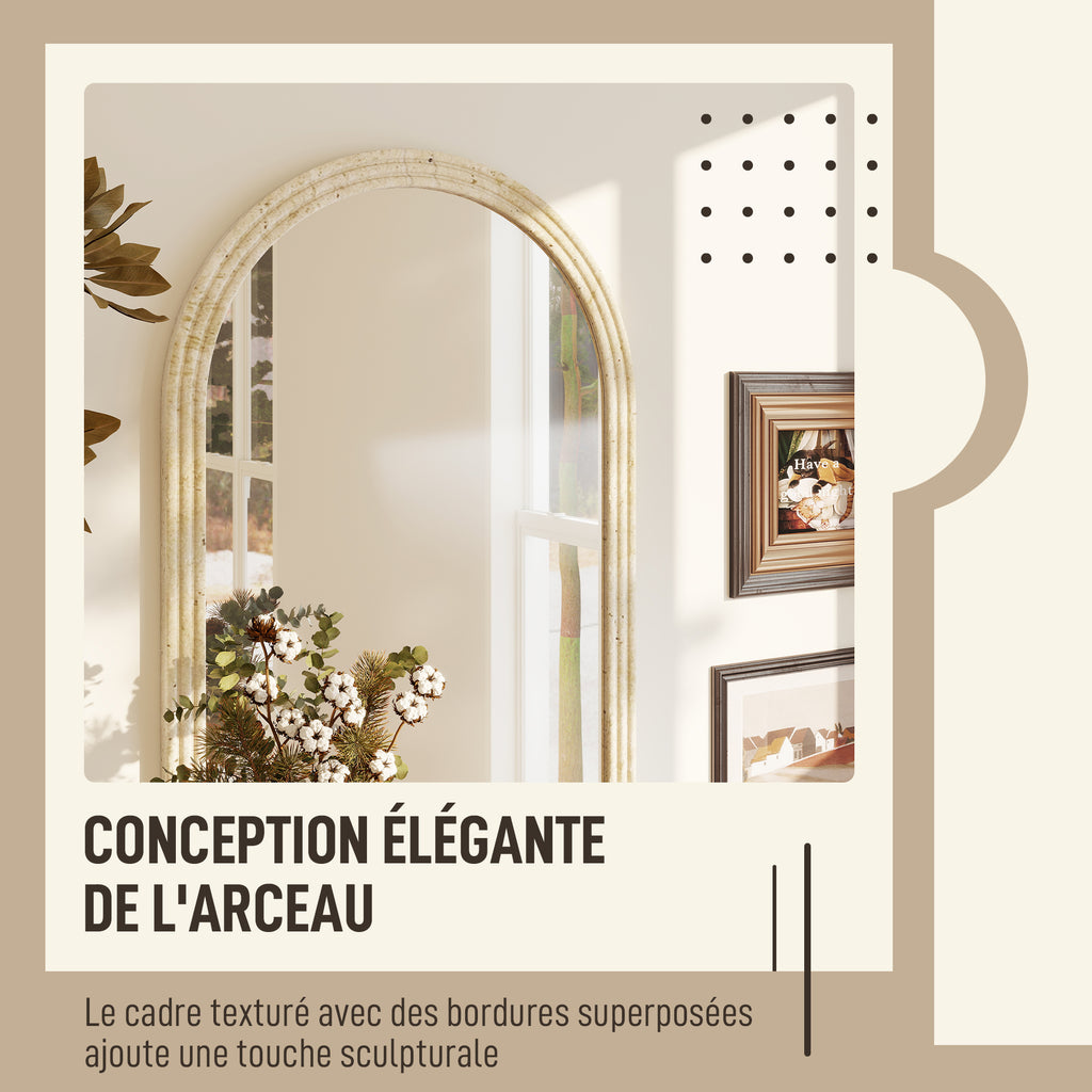 Miroir mural arqué, miroir moderne avec bord rainuré et crochets, verre trempé et polystyrène, 50 x 70 cm, beige-3