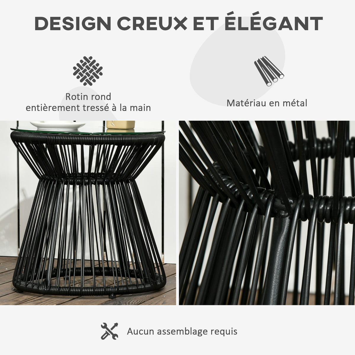 Table de jardin ronde en résine tressée imitation rotin table de bistrot métal plateau verre trempé Ø 40 x 42 cm noir-4