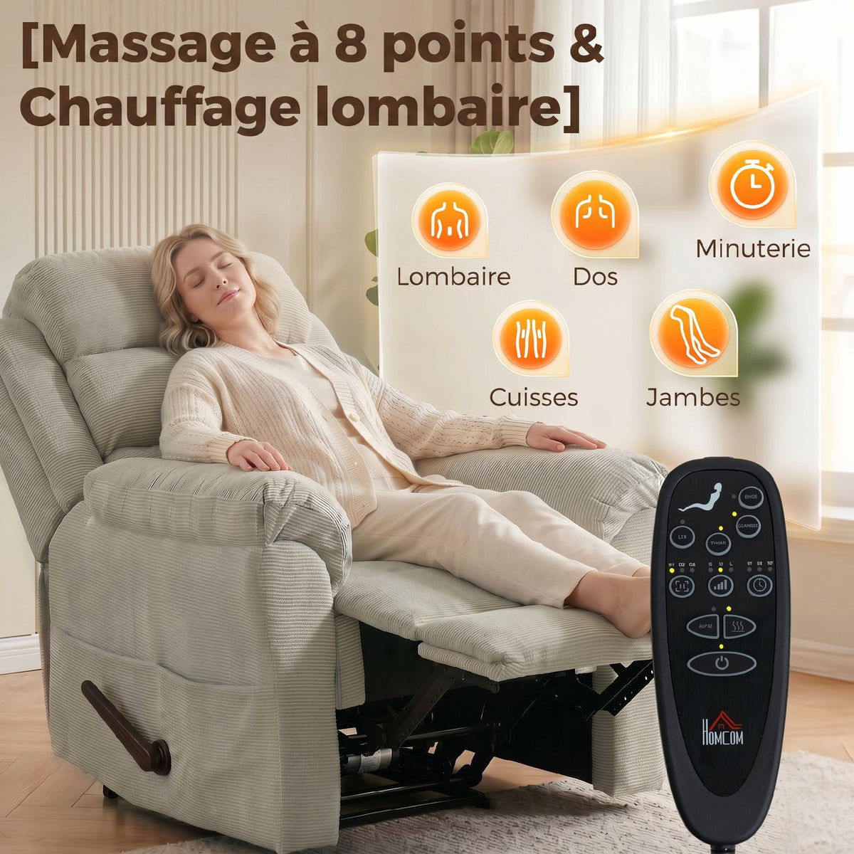 Fauteuil Inclinable de Massage et Chauffage, Fauteuil de Relaxation, Appuie-tête Réglable Poches Latérales, Crème-3