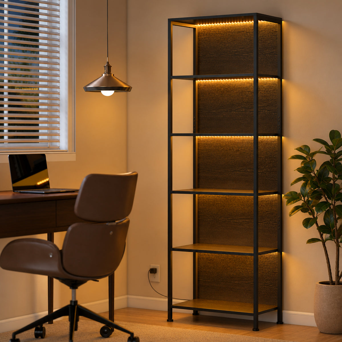 Bibliothèque étagère de rangement à 5 niveaux avec éclairage LED 7 couleurs, structure en acier, 60 x 30 x 179 cm, noir-1