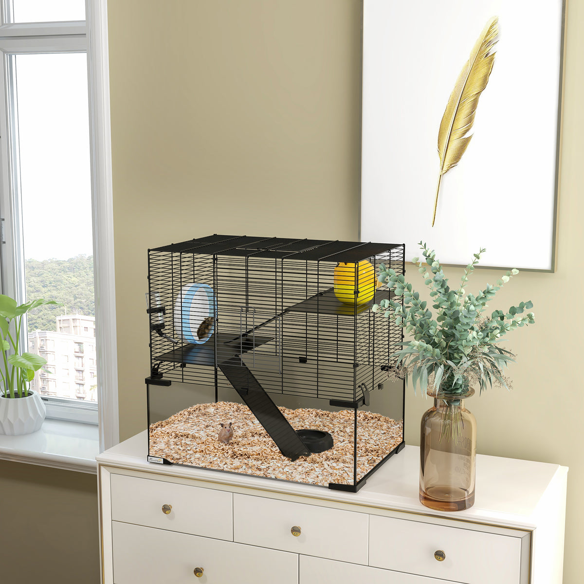Cage hamster cage rongeur 3 niveaux avec roue rampes maisonnette abreuvoir mangeoire 60L x 40l x 54,5H cm noir-9
