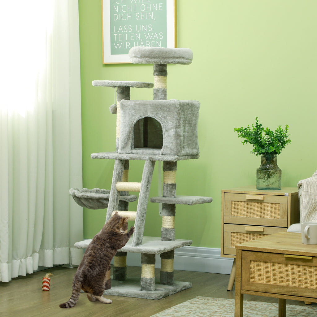 Arbre à chats multi-équipements griffoirs grattoirs niches plate-formes + échelle + hamac+ boule suspendue gris-8