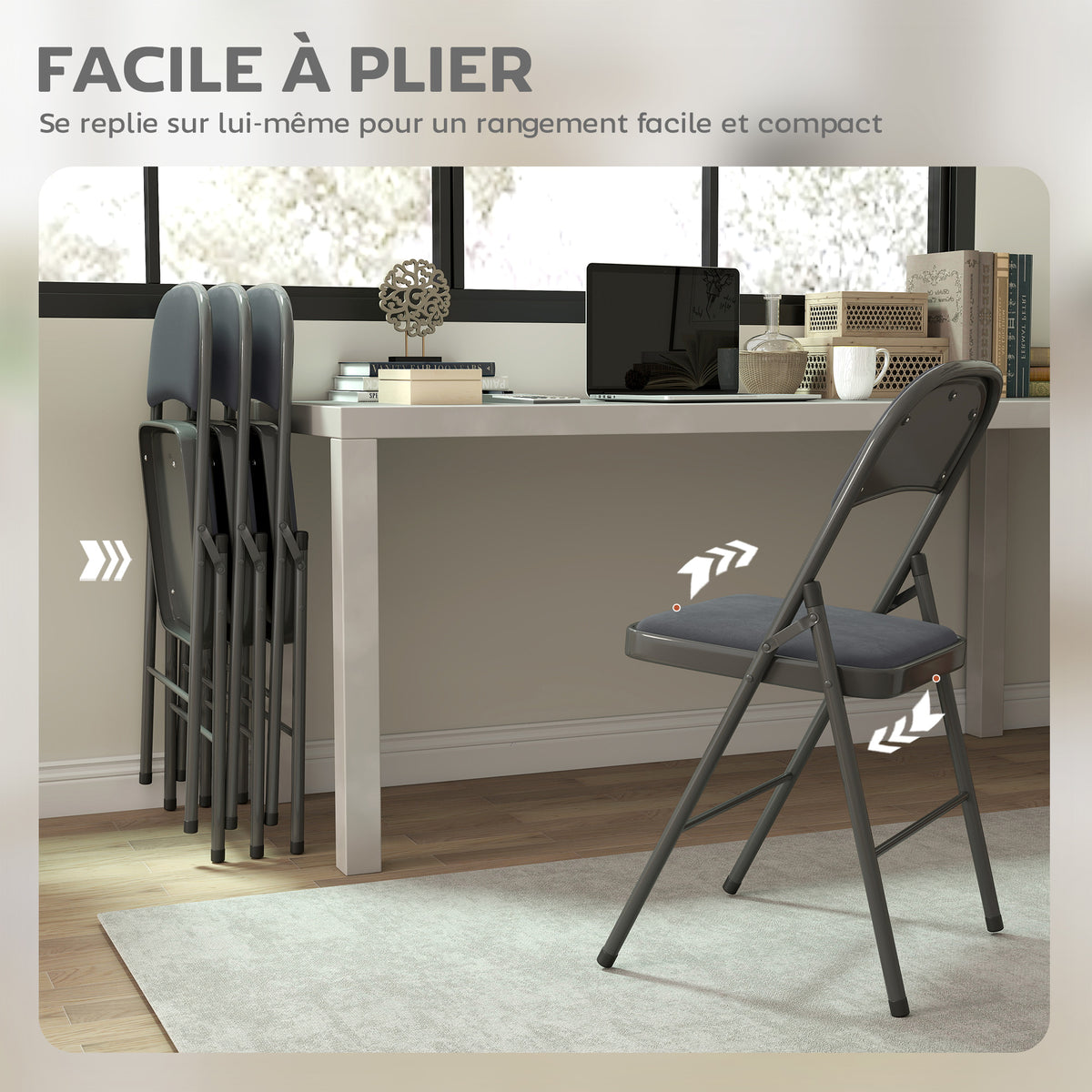 Lot de 4 chaises pliantes et portables intérieur avec assises et dossiers rembourrés en velours, cadre en acier, gris foncé-5