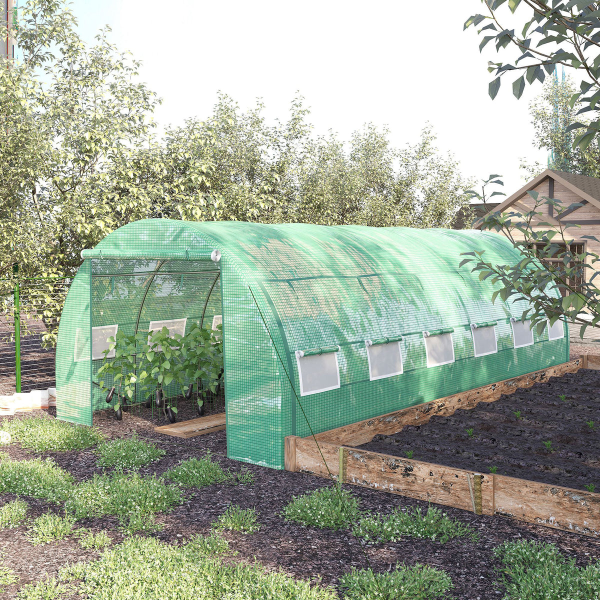 Serre de jardin serre tunnel 18 m² avec porte, parois latérales enroulables 12 fenêtres acier PE  4 x 3 x 2 m vert-9