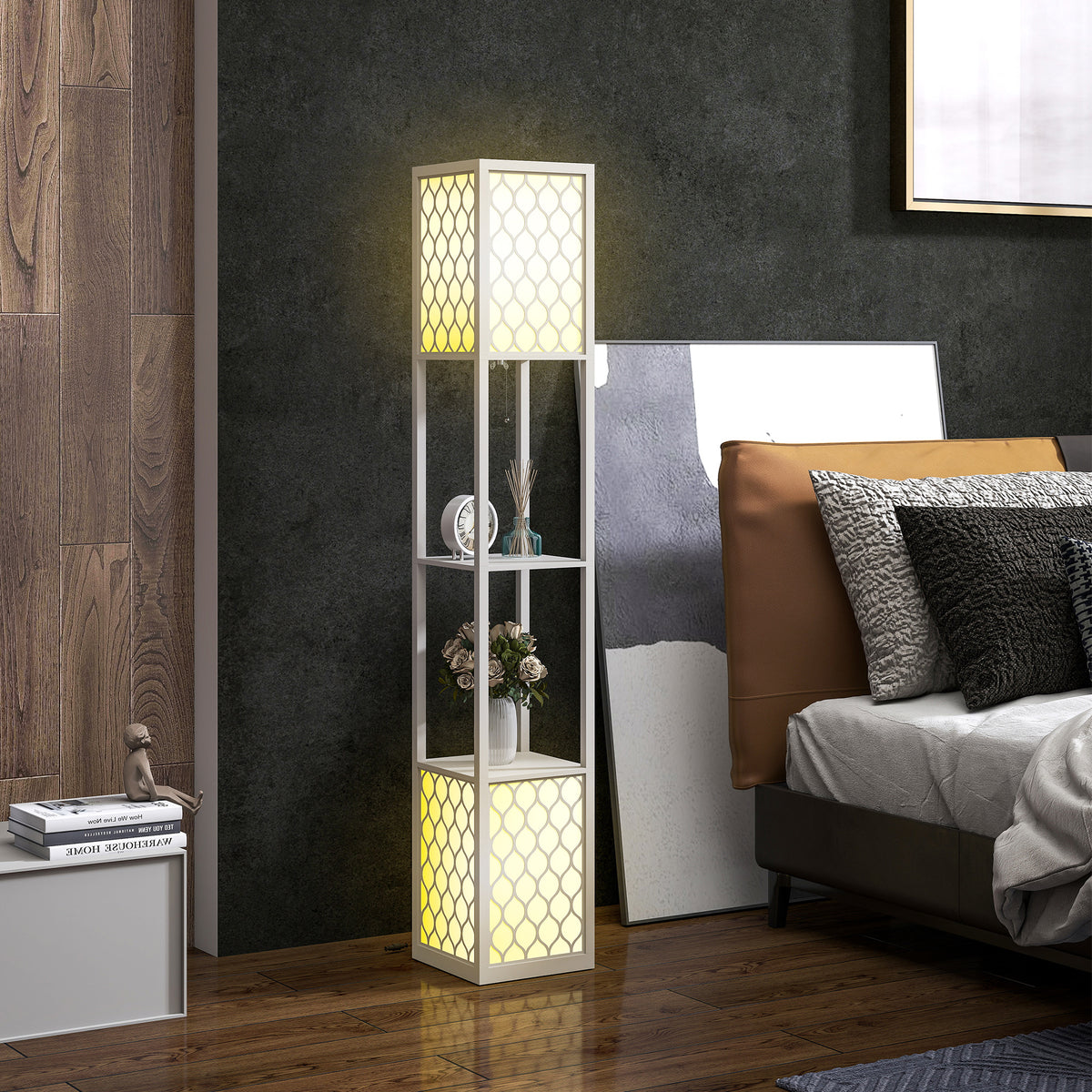 Lampadaire étagère 2 lampes 2 étagères 4 niveaux MDF gris motif nid d'abeille 26 x 26 x 156 cm gris-9