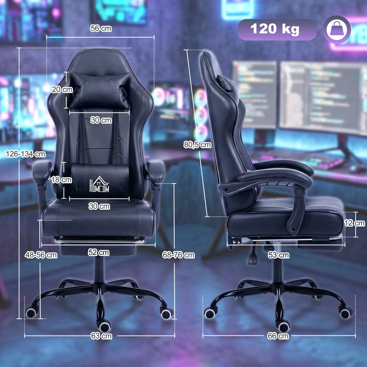 Chaise gaming ergonomique, fauteuil gamer avec support lombaire massant, dossier inclinable, hauteur réglable, noir-2