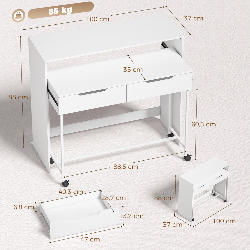 Bureau d'Ordinateur Extensible 100 cm avec 2 Tiroirs, Bureau avec Rangement, Style Moderne, Blanc-2