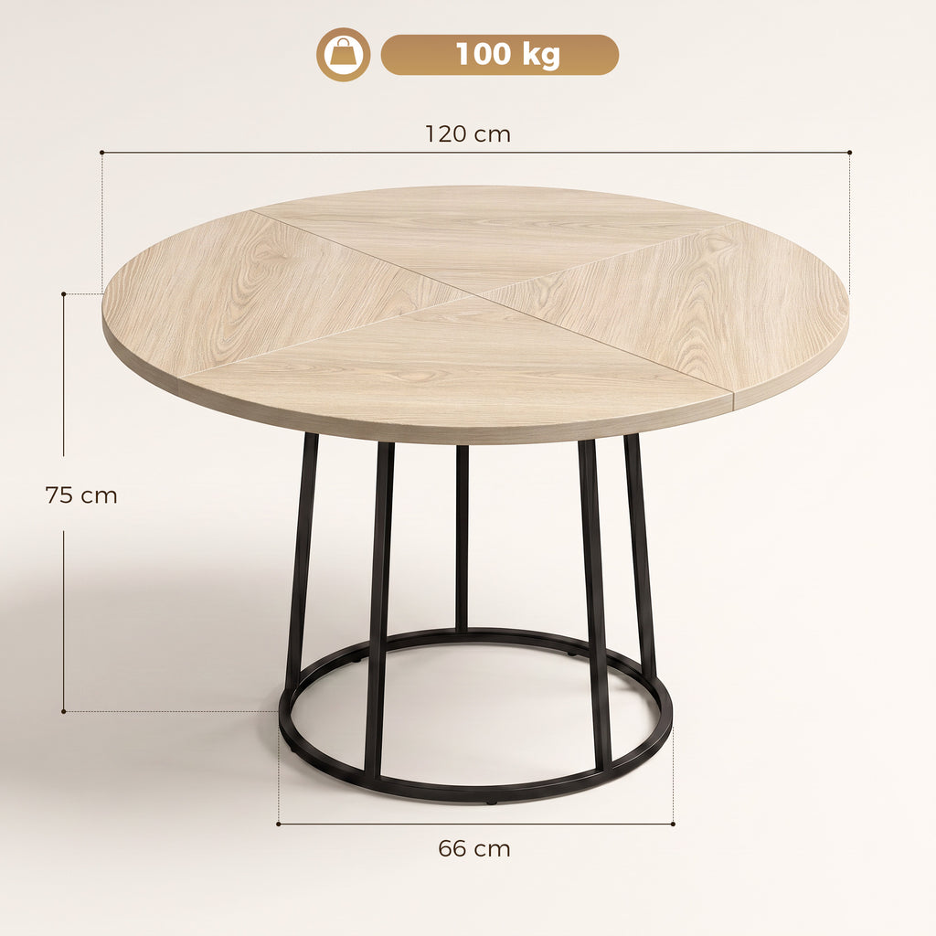 Table à Manger Ronde pour 4 à 6 Personnes, Ø 120 x 75 cm, Table de Cuisine avec Piétement Conique en Métal, Bois Naturel-2