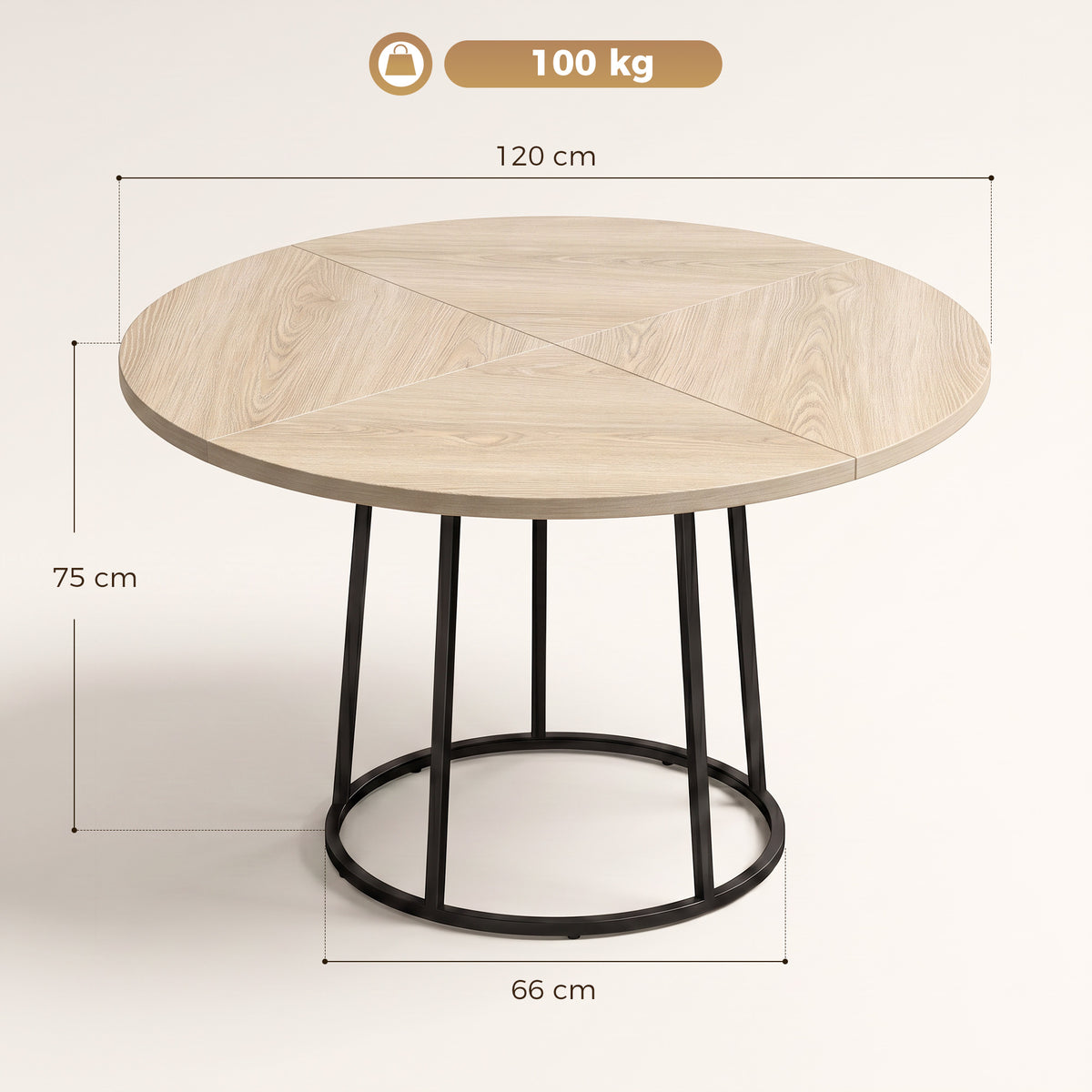 Table à Manger Ronde pour 4 à 6 Personnes, Ø 120 x 75 cm, Table de Cuisine avec Piétement Conique en Métal, Bois Naturel-2