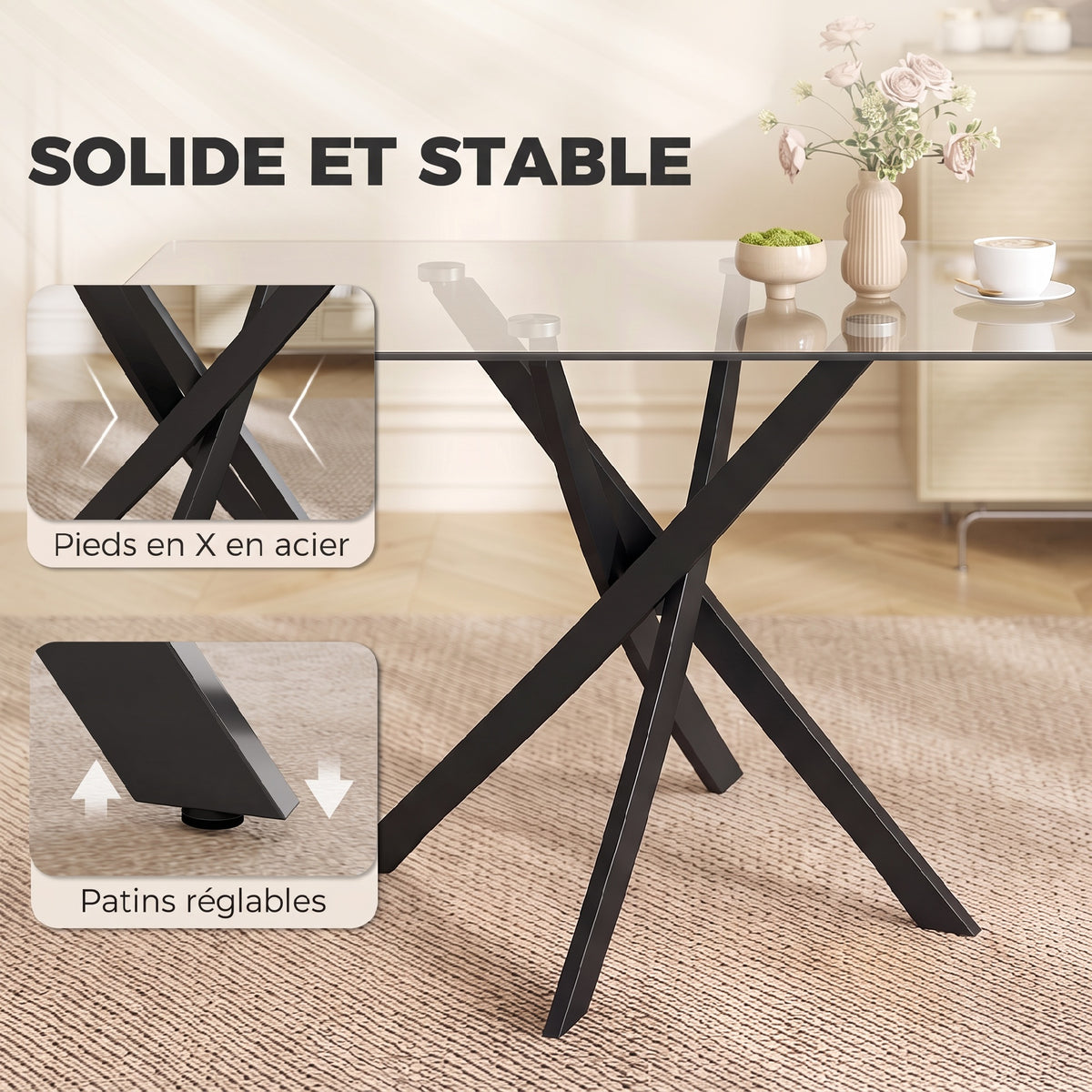 Table de Cuisine, Plateau en Verre Trempé, Piétement Croisé en Acier, Style Moderne, pour Salle à Manger, Cuisine, Salon-5