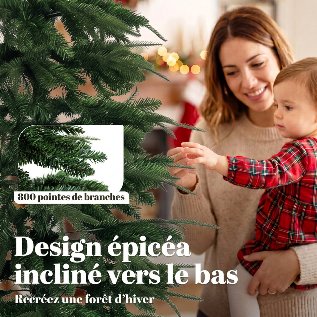 Sapin de Noël Artificiel 210 cm, Branches Articulées en PE et PVC Ignifuges, Support en Acier Pliable, Vert-4