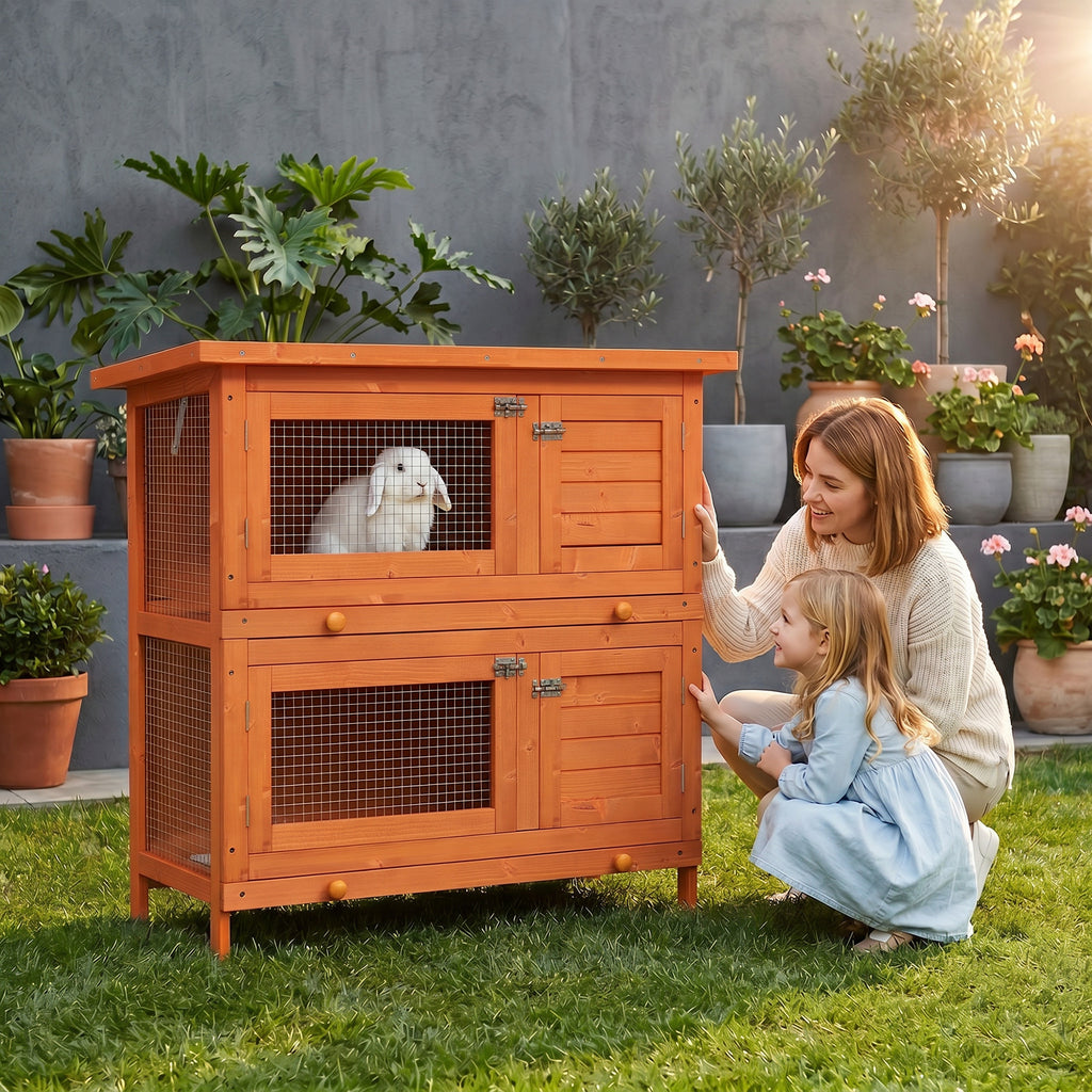 Clapier à lapin cage à lapin double niveau plateaux coulissants 4 portes verrouillables toit ouvrant 90L x 45l x 90H cm-1