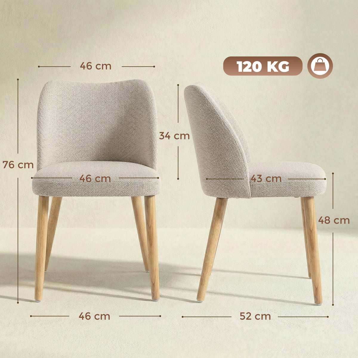 Lot de 2 Chaises de Salle à Manger, Chaises de Cuisine Rembourrées en Lin, Dossier Incurvé et Pieds d'Hévéa, Crème-2