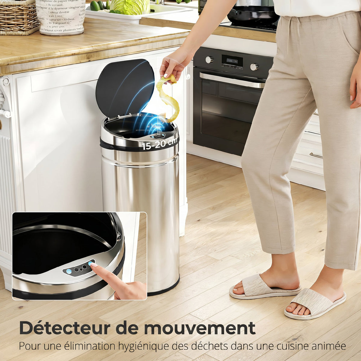 Poubelle à capteur de mouvement ouverture automatique 1 bac de 42 L en acier inoxydable noir et argent-3