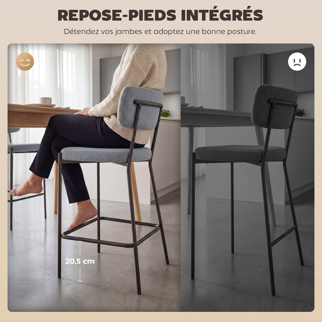 Lot de 2 tabourets de bar, chaises de bar, assise rembourrée, dossier courbé et repose-pieds, 49 x 53 x 93 cm, gris-6