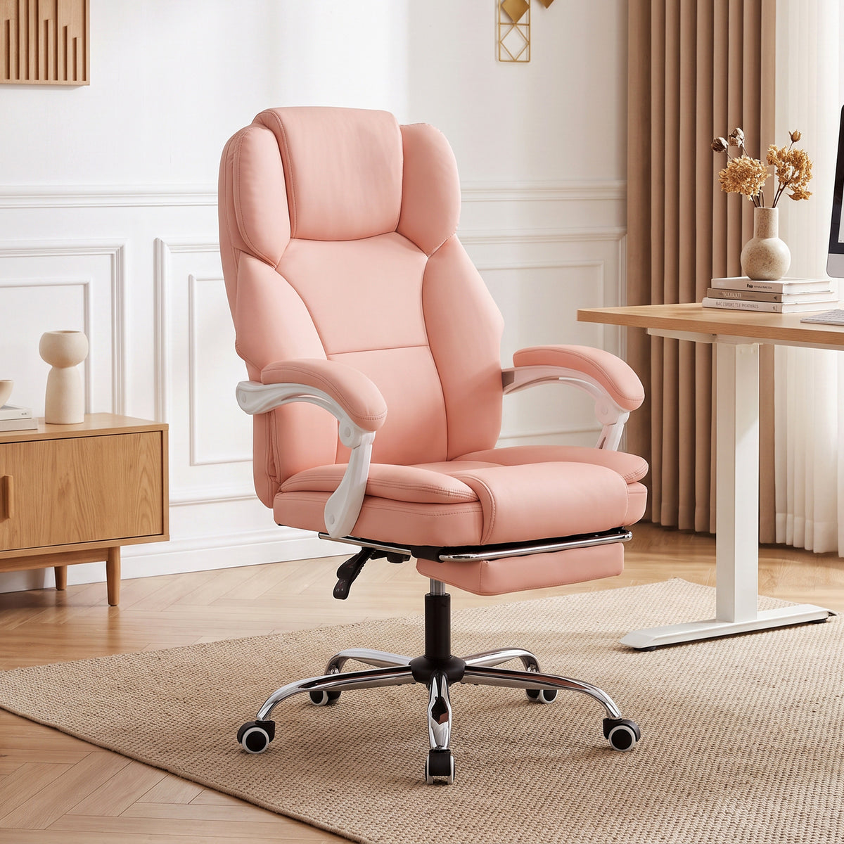 Chaise Bureau Ergonomique, Fauteuil de Bureau Inclinable en Cuir Synthétique Adapté aux Animaux, Hauteur Réglable, Rose-1