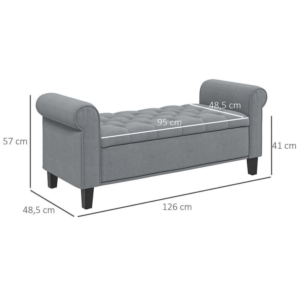 Banc de rangement bout de lit avec accoudoirs, tissu effet velours rembourré et capitonné, 126 x 48,5 x 57 cm, gris-2