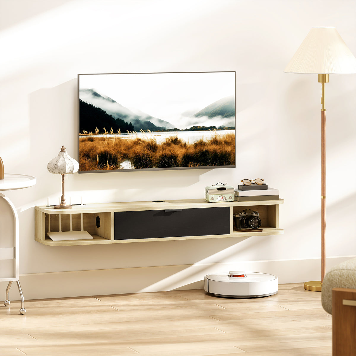 Meuble TV suspendu, meuble télé pour téléviseur jusqu'à 50 pouces, tiroir rabattable 2 étagères 120x24x16cm noir-1