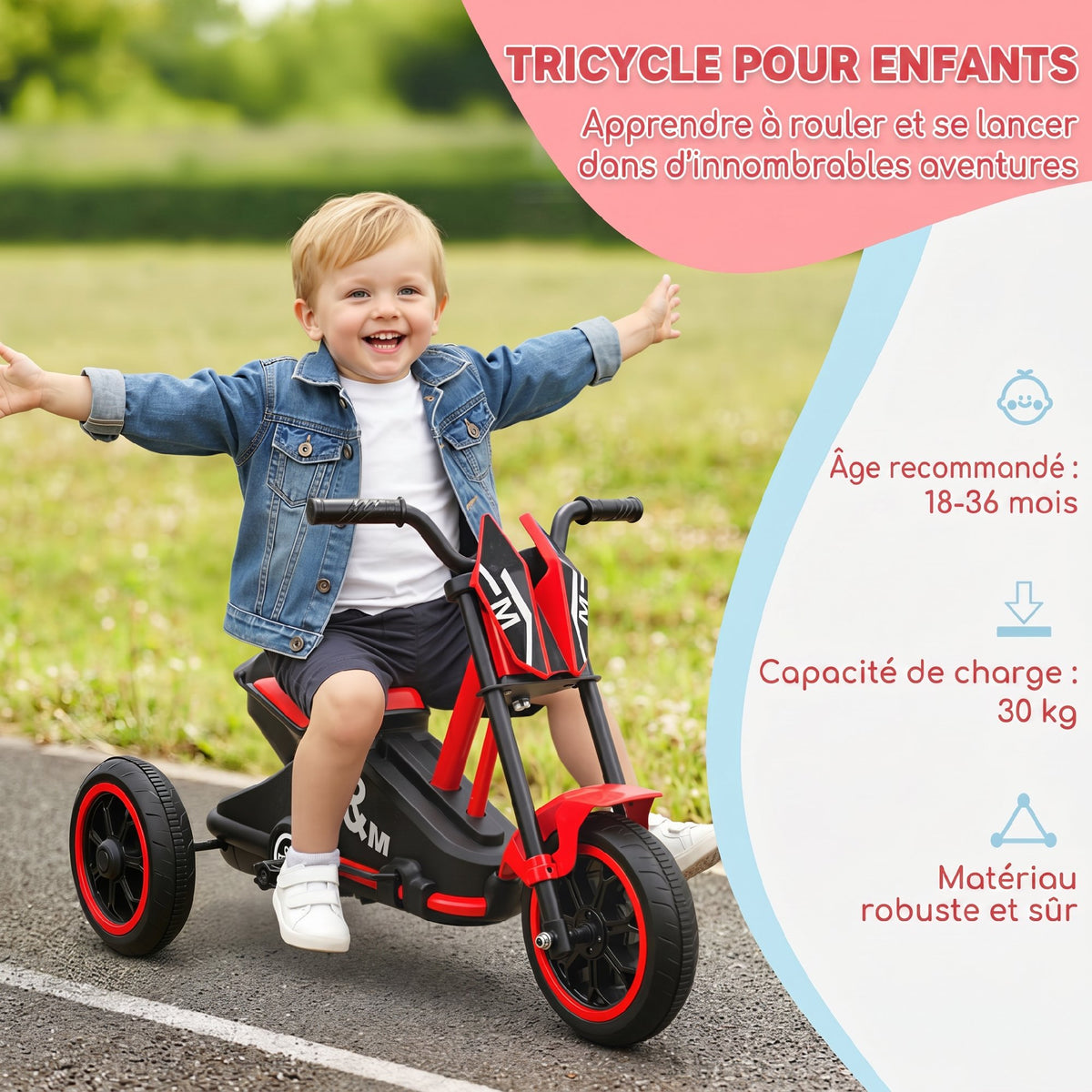 Tricycle pour enfants, vélo d'équilibre 3 roues avec pédale pour 18 à 36 mois, pour intérieur et extérieur, rouge-3