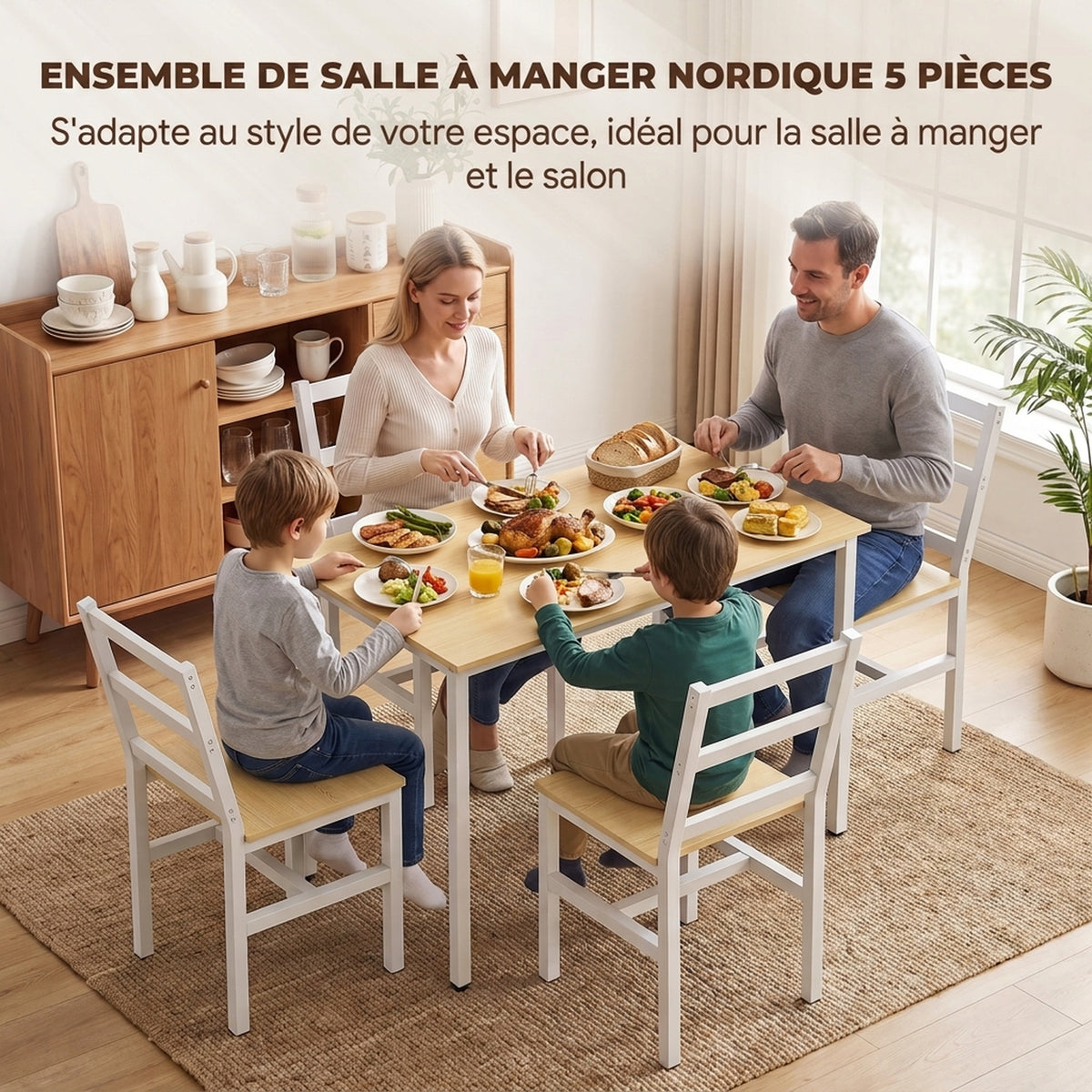 Ensemble Table Salle à Manger avec 4 Chaises, Table Rectangulaire 108 cm, Chaises à Dossier à Lattes, Chêne et Blanc-3