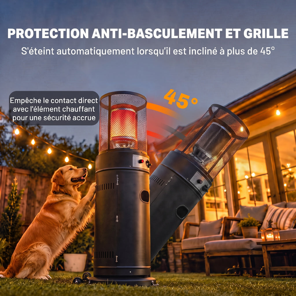 Parasol Chauffant Gaz 11 kW 30 m² Roulettes, Réglage Continu, Grille de Protection, Anti-surchauffe, 52x46x137cm, Noir-4