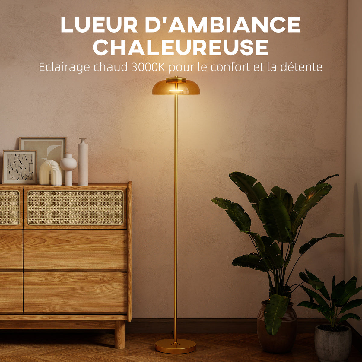 Lampadaire sur pied de salon, lampe salon LED avec lumière chaude 3000 K et interrupteur à pied, Ø25x134cm, ton laiton-3
