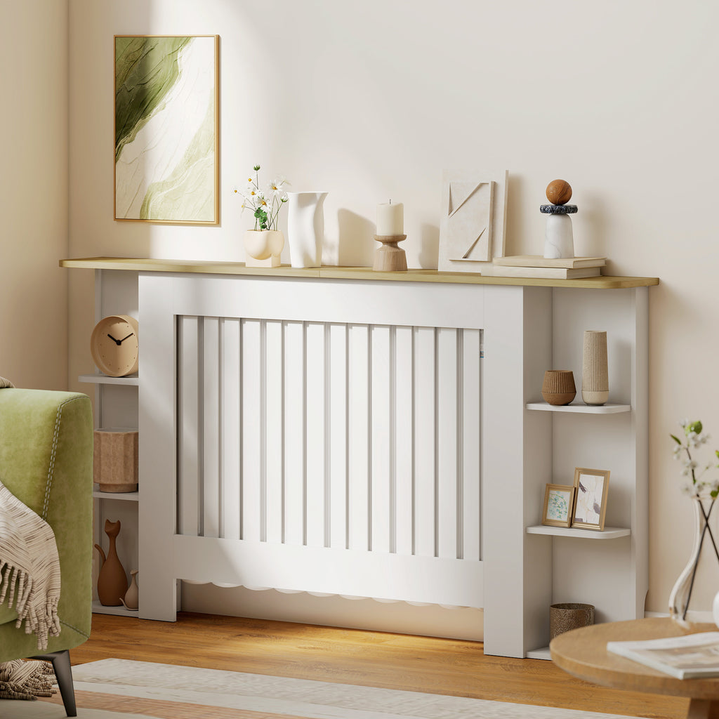 Cache-radiateur avec étagères de rangement ouvertes, couvercle de radiateur en bois à lattes, 152x19x83cm, blanc-7