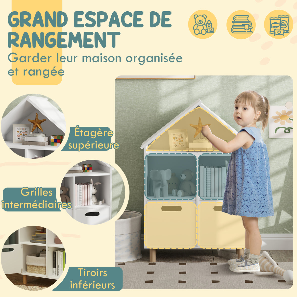 Bibliothèque enfants meuble de rangement enfants 3 niveaux avec deux tiroirs forme de maison 63,7 x 29,7 x 89 cm blanc-3