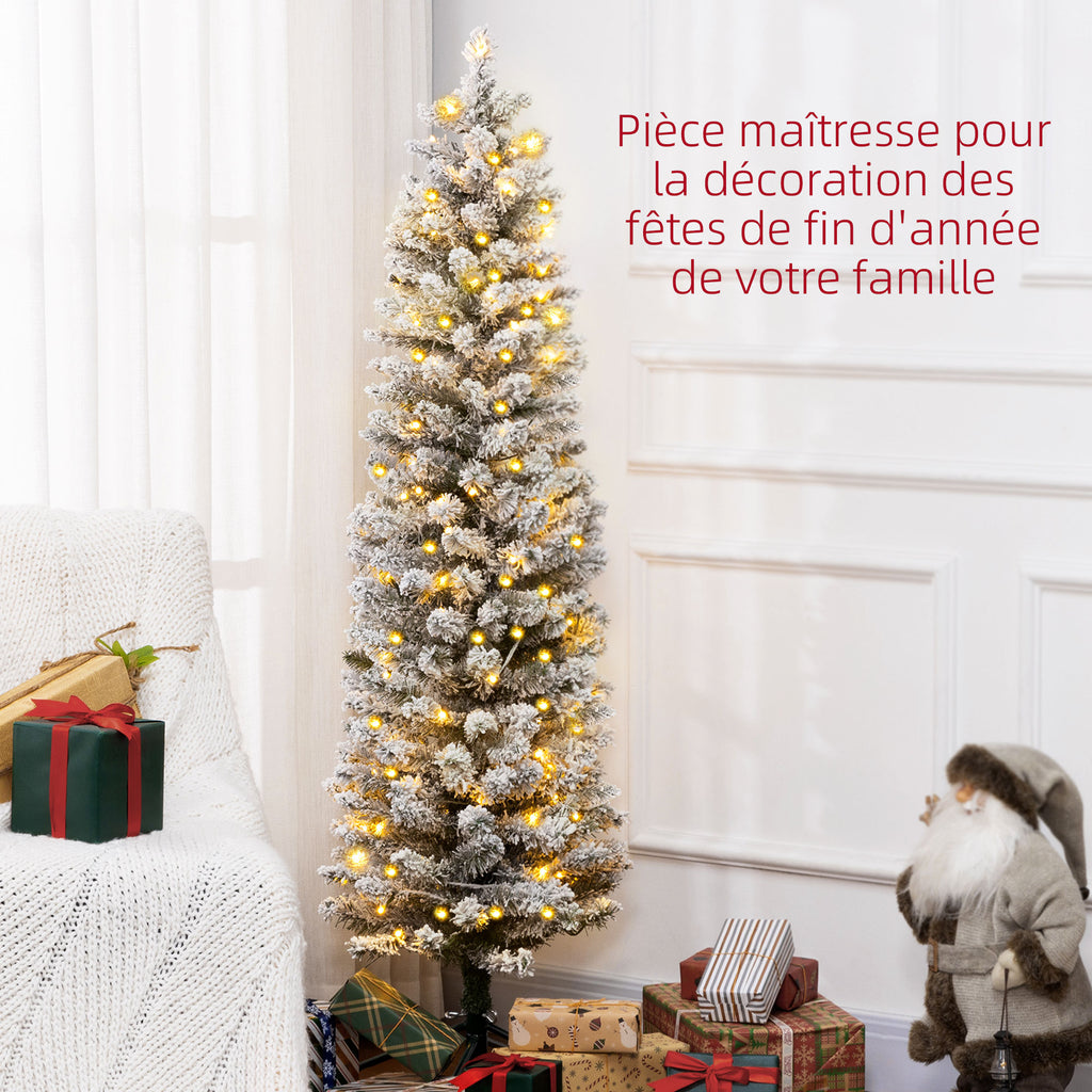Sapin de Noël artificiel 150 cm avec éclairage LED blanc chaud, 263 branches enneigées, base en métal, réaliste et fin-3