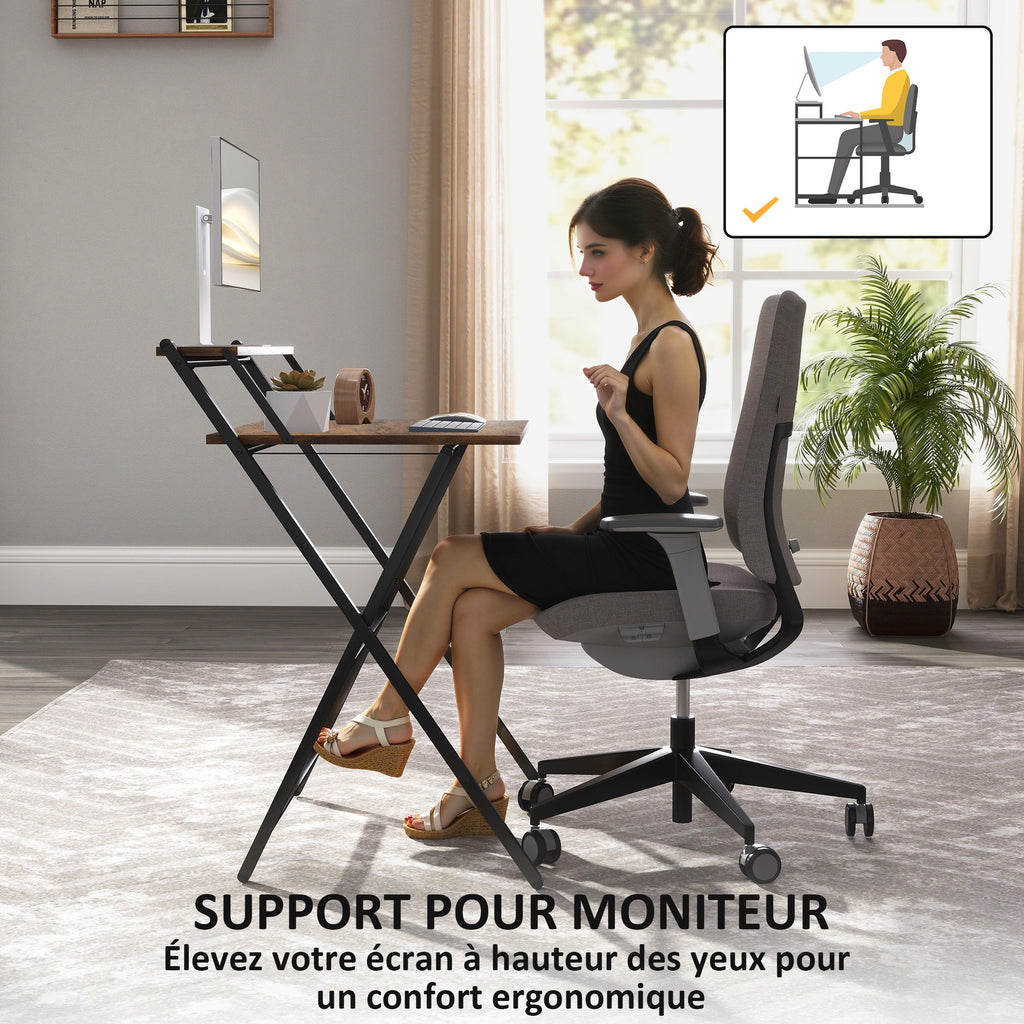 Bureau pliable 65,5 x 45 cm avec étagère de rangement pour chambre, petits espaces, brun rustique-4