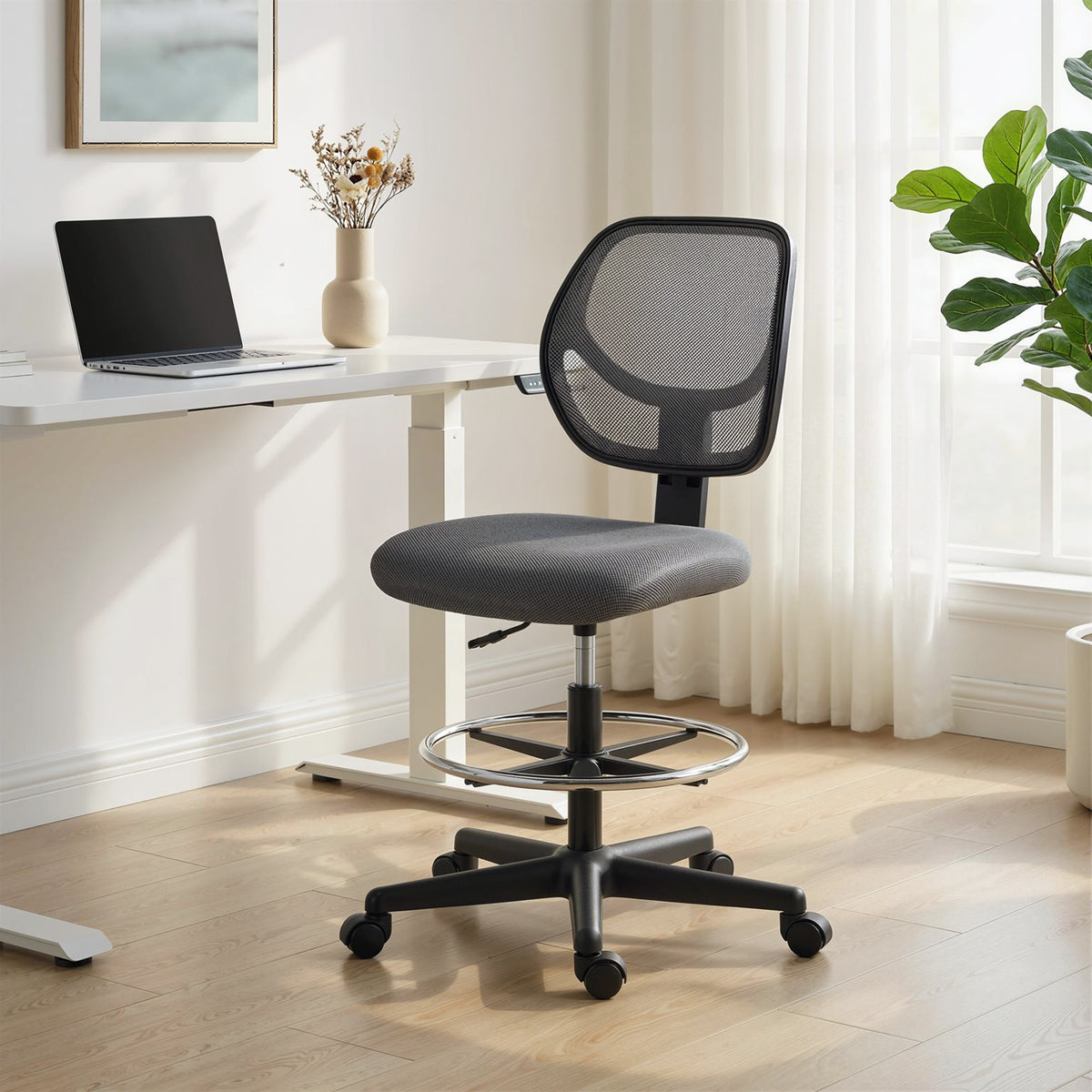 Chaise bureau ergonomique, fauteuil de bureau avec repose-pieds, chaise à dessin en maille, hauteur réglable, gris foncé-1