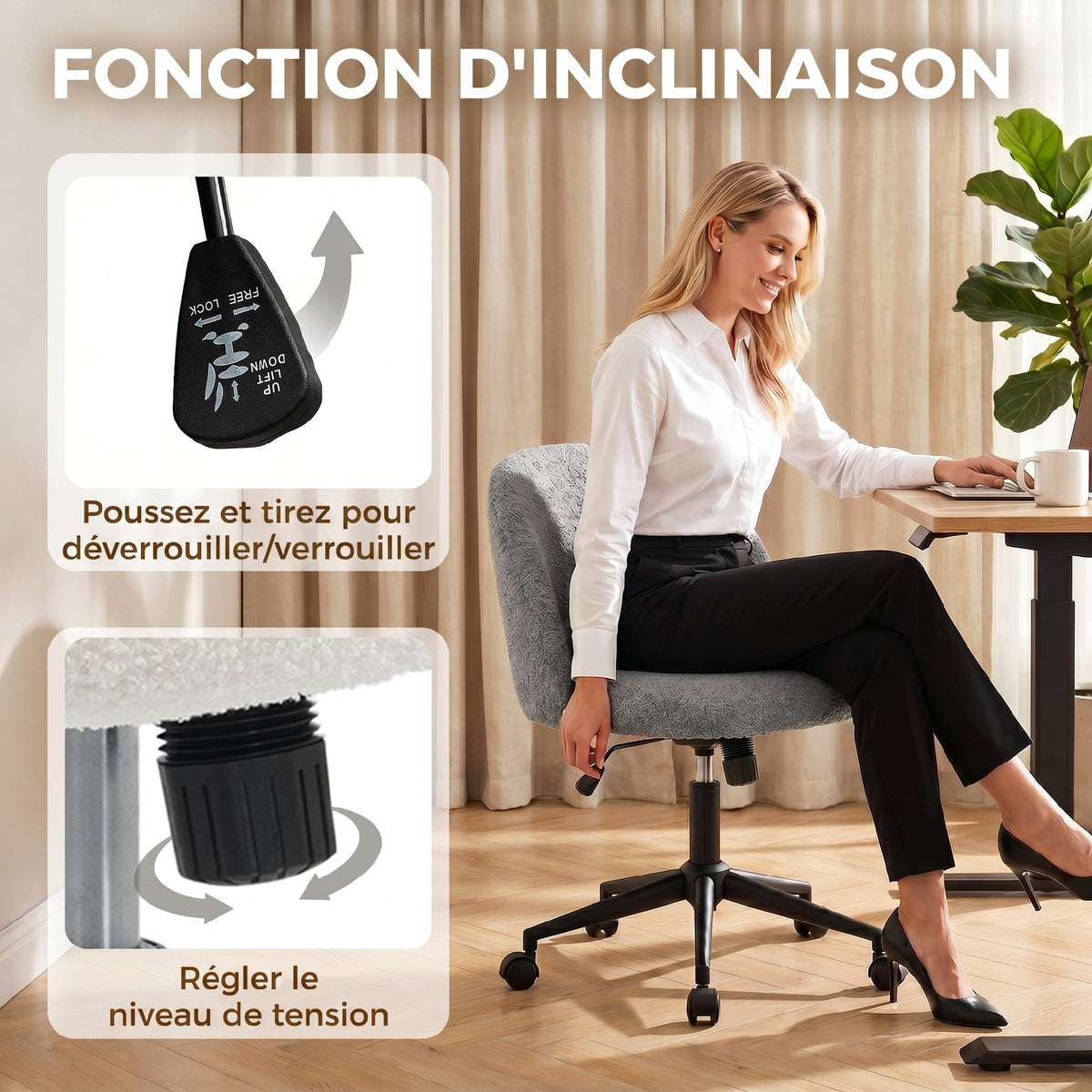 Chaise de Bureau Pivotante en Fourrure Teddy, Hauteur Réglable, Roulettes, Mousse Haute Résilience, Gris-4