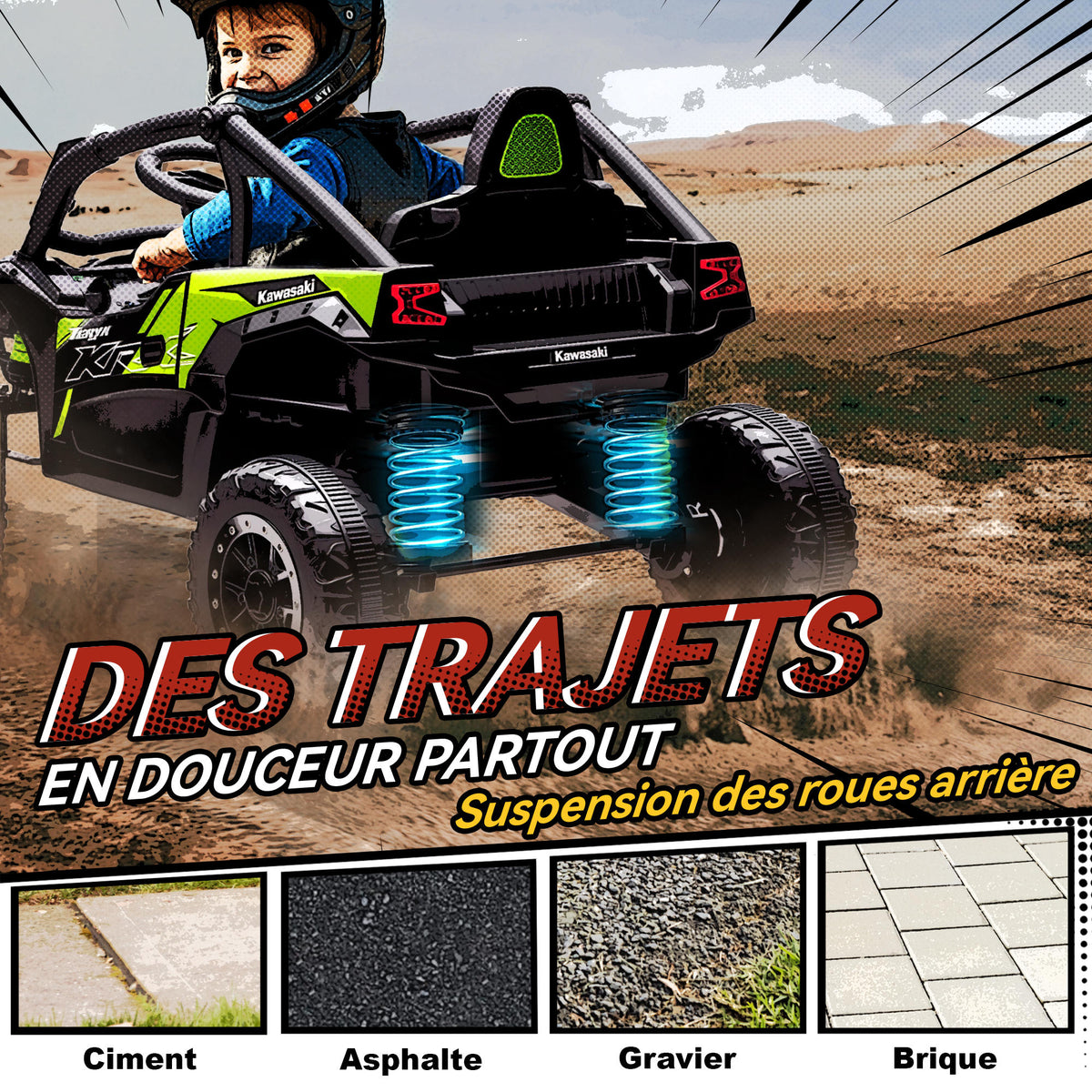 Voiture électrique enfant UTV KAWASAKI TERYX KRX 1000 12 V à 2 moteurs 25 W télécommande 2,4 Ghz 100 x 64 x 56 cm noir-6