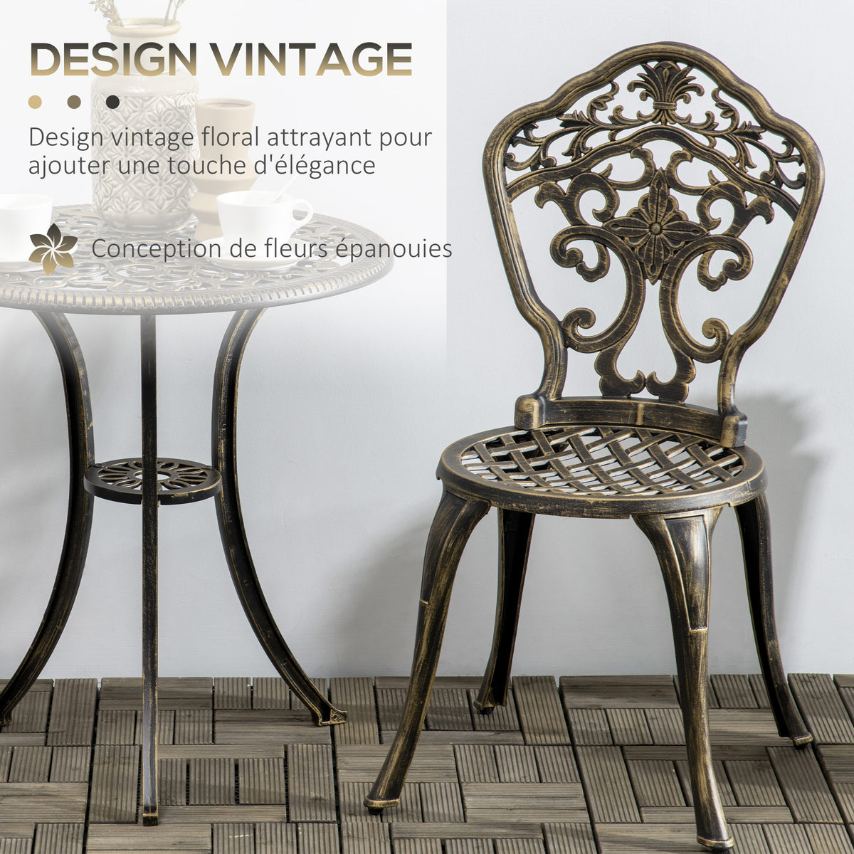Ensemble bistrot pour jardin en aluminium salon de jardin 3 pièces 2 chaises + table ronde imitation fer forgé-3