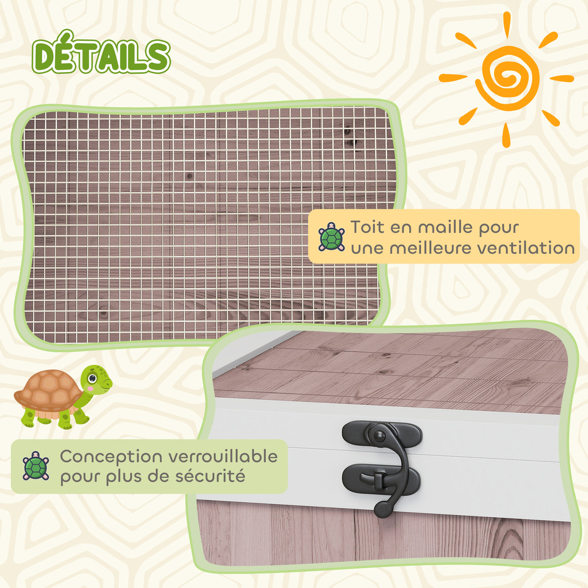 Maison enclos cage habitat pour petit animal tortues avec 2 espaces 91 x 60,5 x 32 cm bois massif marron clair-5