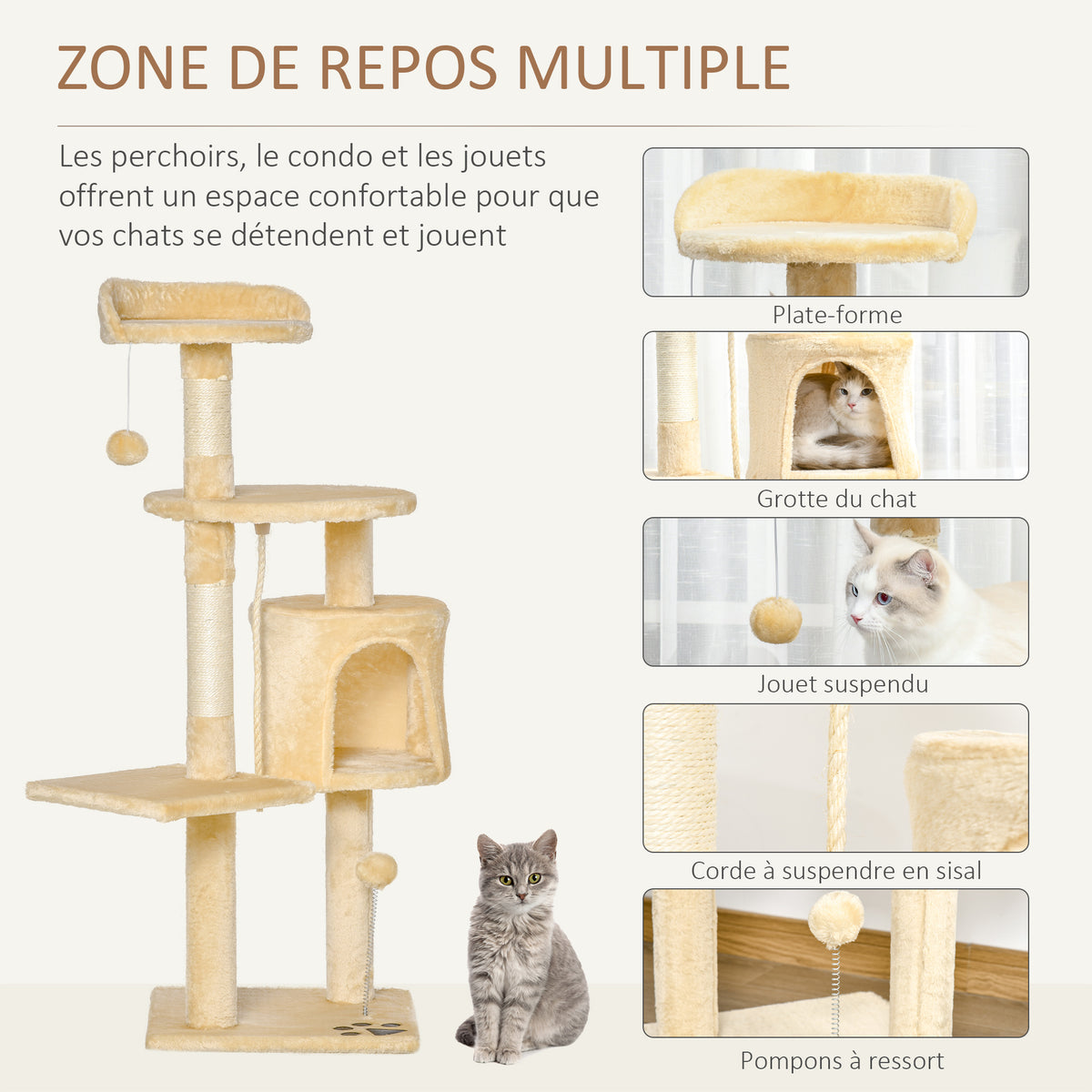 Arbre à chats multi-équipements griffoirs grattoirs plateformes niche corde jouets 40L x 40l x 114H cm beige-4