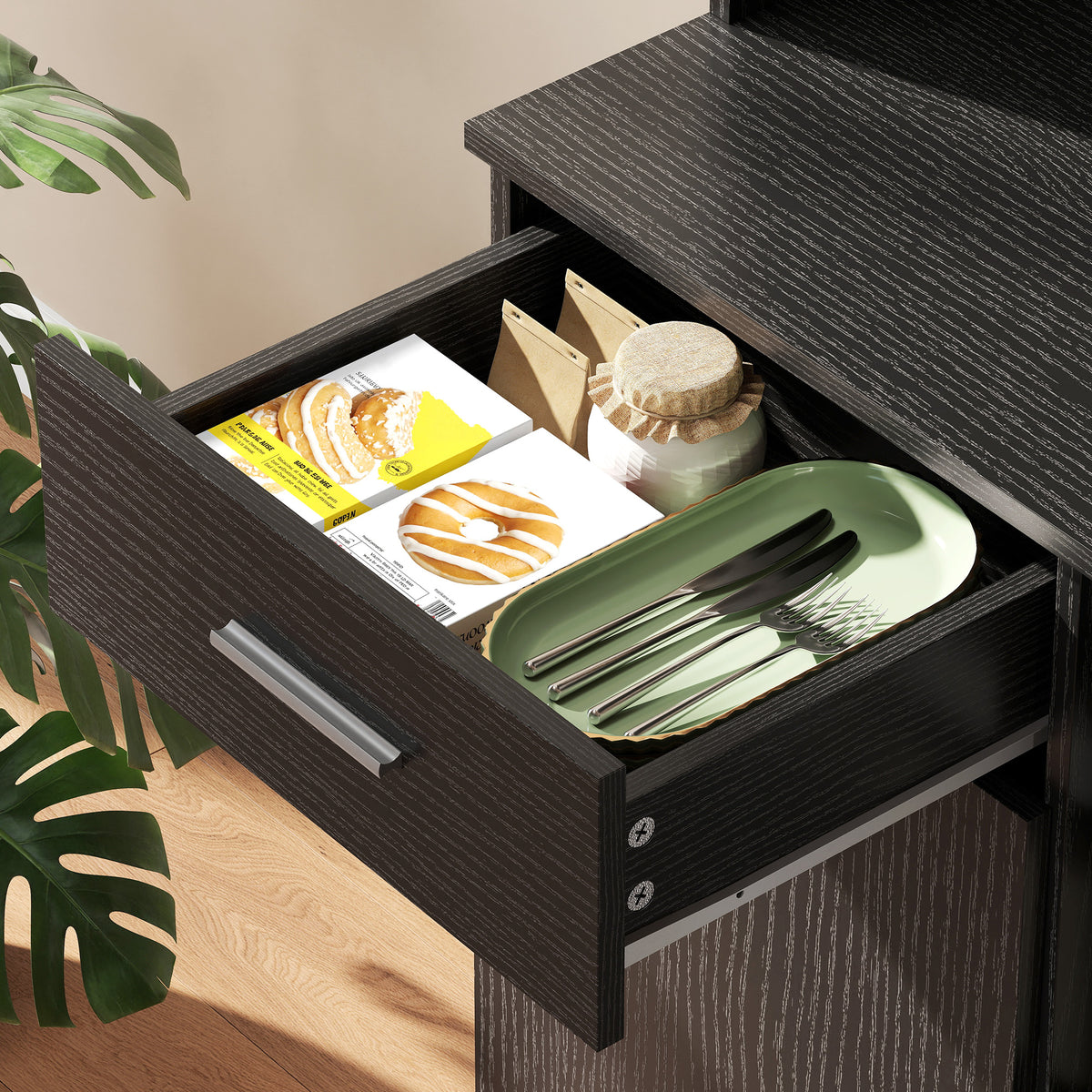 Buffet Haut Cuisine, Armoire de Cuisine avec 4 Portes à Fermeture Douce, Tiroir et Étagères Réglables, Noir-8